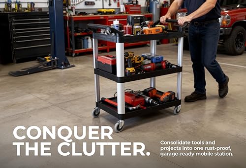 Commercial Heavy-Duty Utility Service Cart | 3 Shelf | | 450 Lbs Max Capacity | Rolling Utility Cart W 33" x H 37" x D 16" Black