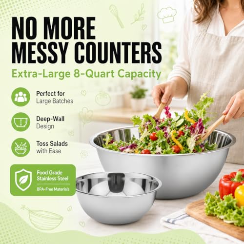 Large Stainless Steel Mixing Bowl 8 Quart - Extra Large Metal Mixing Bowl for Baking, Bread Dough, Salad - Deep Stainless Bowl - Commercial Kitchen Basin - Meal Prep - Stainless Steel- 2 Pack