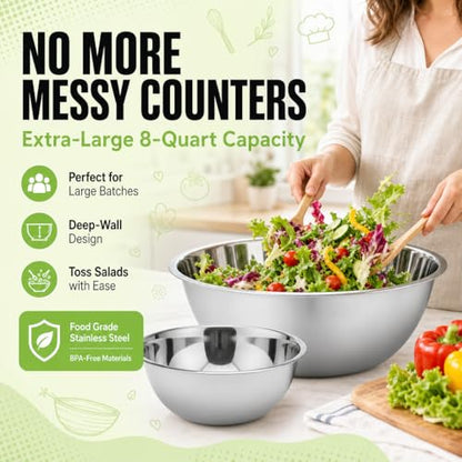 Large Stainless Steel Mixing Bowl 8 Quart - Extra Large Metal Mixing Bowl for Baking, Bread Dough, Salad - Deep Stainless Bowl - Commercial Kitchen Basin - Meal Prep - Stainless Steel- 2 Pack