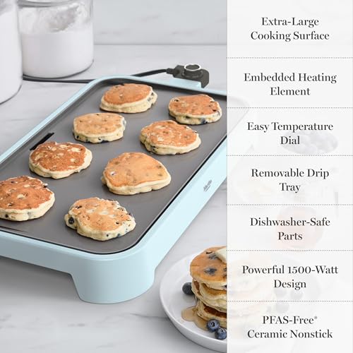 Martha Stewart 12"x 22" XL Electric Griddle, Ceramic Nonstick Flat Top - color: Sky Blue