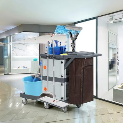 3 Shelf Commercial Janitorial Cart,2 Lockable Cabinets, Oxford Bag & Dust Cover,Wheel Rolling Housekeeping Cart for School, Hotel, Apartment & More