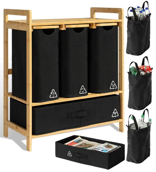 4 Section Recycling Bin for Kitchen – Dual Trash and Recycle Bins for Paper, Plastic, Cans – Indoor Bamboo Recycling Organizer – Decorative Wooden Recycle Bins for Kitchen & Office - color: Black