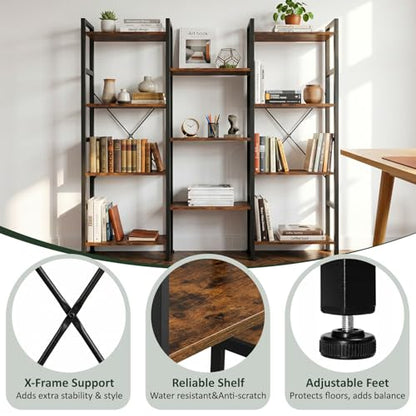 Triple Bookshelf, Free Standing Bookcase with Open Storage Shelves - color: Rustic Brown, size: 11 Tier