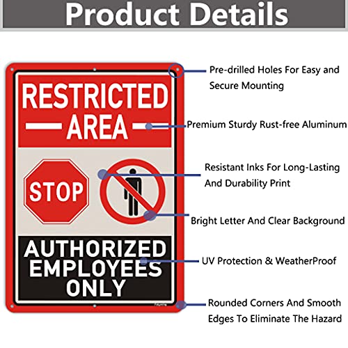 2 Pack Restricted Area Sign Authorized Employees Only 14 x 10 Inches Stop Do Not Enter Metal Reflective Rust Aluminum Weatherproof UV Protected Easy Mounting Indoor Outdoor Use