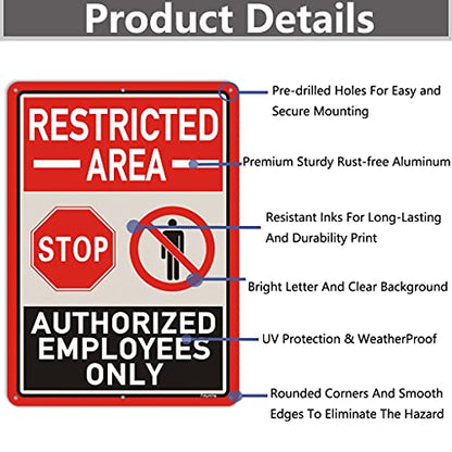 2 Pack Restricted Area Sign Authorized Employees Only 14 x 10 Inches Stop Do Not Enter Metal Reflective Rust Aluminum Weatherproof UV Protected Easy Mounting Indoor Outdoor Use