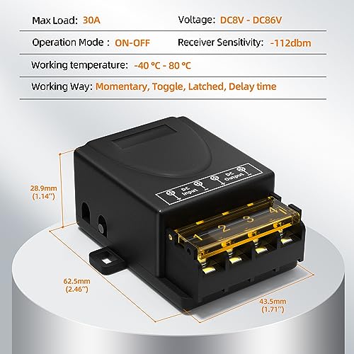 RVBOATPAT Wireless Remote Switch DC 8V/12V/24V/48V/72V/86V 30A Relay RF Remote Control 328ft Long Range for Anti-Theft Alarms Security Systems Roller Lind Door