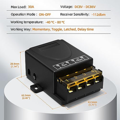 RVBOATPAT Wireless Remote Switch DC 8V/12V/24V/48V/72V/86V 30A Relay RF Remote Control 328ft Long Range for Anti-Theft Alarms Security Systems Roller Lind Door