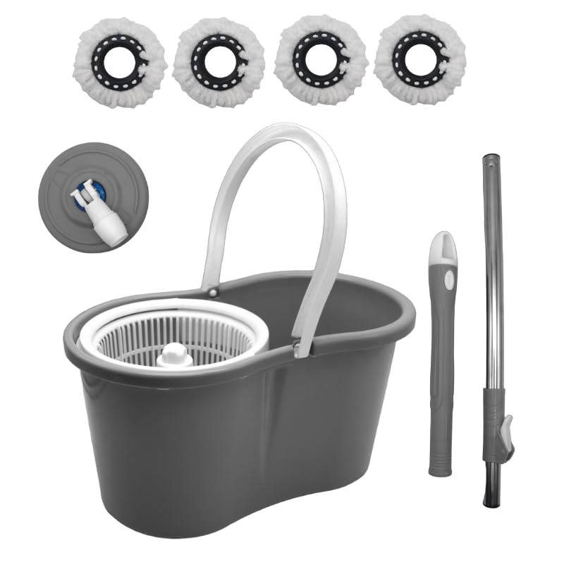Spin Mop and Bucket System, 360° Rotating Wet & Dry Mop with Stainless Steel Handle, Includes 4 Washable Microfiber Mop Heads, Self-Wringing Floor Cleaning Set for Hardwood, Tile, Laminate