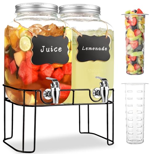 2 Gallon Glass Drink Dispensers For Parties，Lemonade Beverage Dispenser With Stand And Spigot For BBQ, Picnic, Party,Laundry Detergent Dispenser - size: 2 Gallon Double With Stand