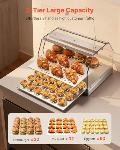 VEVOR 2-Tier Commercial Food Warmer Display, 450W Food Display Warmer with Light, Detachable Shelves and Double-Sided Door Design, 85℉~185℉ Air Heating, 48L for Hamburger, Pizza, Bread, Fried Chicken - size: 2-Tier-51Qt