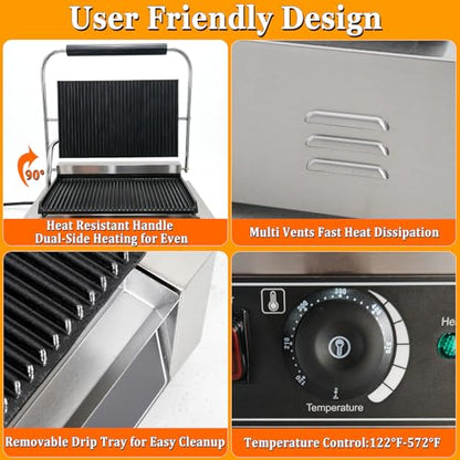 CTJ Commercial Panini Press Grill 2200W Sandwich Maker with Nonstick Plates