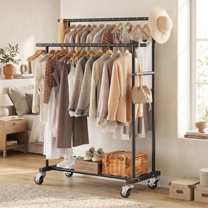 Calmootey Rolling Garment Rack, Sturdy Clothes Organizer for Bedroom - color: Black, style: Double Rods