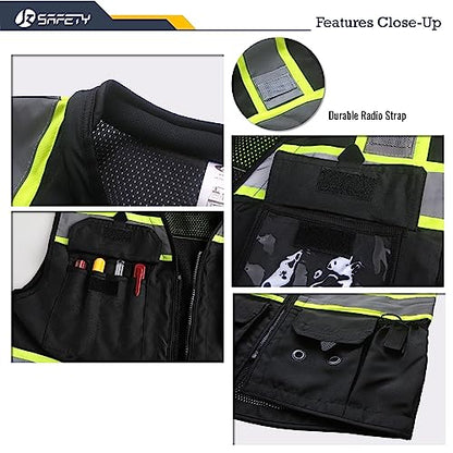JKSafety Hi-Vis Unisex Surveyor Safety Vest Heavy Duty PPE Inner Pockets ANSI/ISEA Compliant - color: 188-black, size: XX-Large