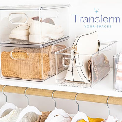 Plastic Food Storage 2 Pack Clear Container Bin with Handles for Organizing Kitchen, Pantry, Fridge, Freezer, Pantry, Bathroom. 14"x6"5" - size: 14x6x5