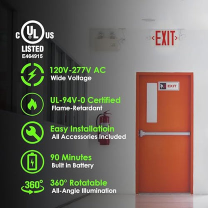 Gruenlich Exit Sign with Emergency Light, Battery Backup, 12 Pack - size: 12-pack