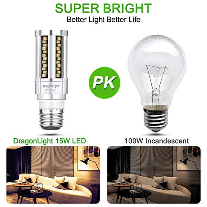 DragonLight 15W Super Bright Corn LED Light Bulbs Fanless(150 Watt Equivalent) - 3000K Warm White 1,800 Lumens E26 Base LED Lamp for Residential and Commercial Lighting, Pack of 4