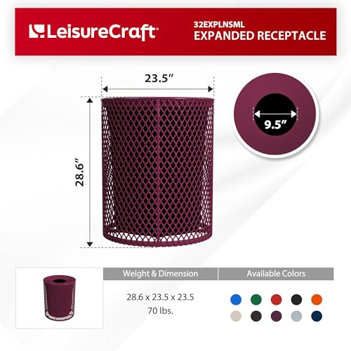 Leisure Craft 32 Gallon Commercial Outdoor Trash Can, Metal, Made in USA - color: Burgundy