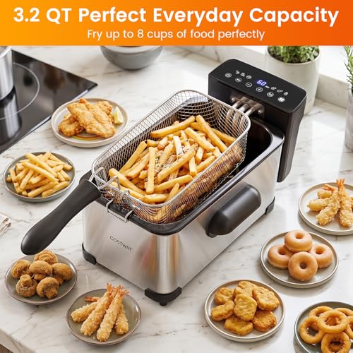 COSTWAY Deep Fryer w/Touch Screen, 3.2-Qt/3L Electric Fryer, 1700W, Silver - color: Silver, size: 3.2 Qt (3 L)