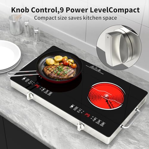 GIHETKUT Electric Cooktop,110V 2400W Stove top, Countertop Cooktop with 9 Power Levels, LED Display,Child Safety Lock, Timer,Knob and Touch Control 2 burner Electric cooktop - size: 2 burner stove top