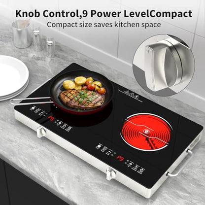 GIHETKUT Electric Cooktop,110V 2400W Stove top, Countertop Cooktop with 9 Power Levels, LED Display,Child Safety Lock, Timer,Knob and Touch Control 2 burner Electric cooktop - size: 2 burner stove top
