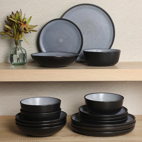 Gibson Elite Tribeca Loft 16-Piece Dinnerware Set – Matte Black and Blue Reactive Glaze Stoneware, Double Bowl Round Plates and Bowls – Modern Rustic Dinnerware for 4, Dishwasher & Microwave Safe - color: Matte Black & Blue (Tribeca Loft)