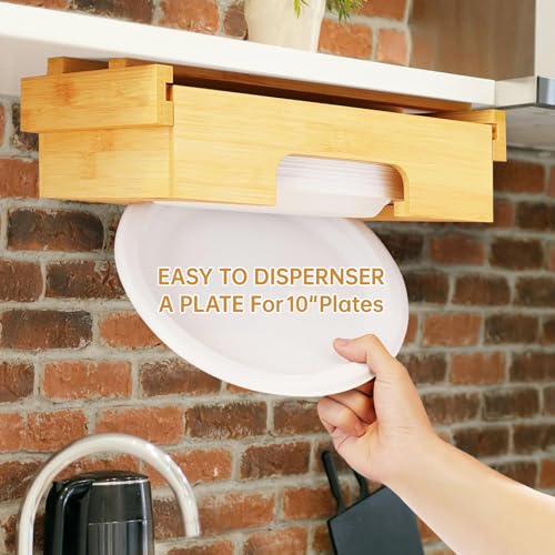 Paper Plate Dispenser - 10 inch Bamboo Paper Plate Dispenser Under Cabinet, Kitchen Counter Vertical Plate Holder Organizer Countertop Caddy (Bamboo) - color: Natural, size: 10 Inch