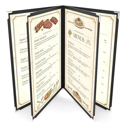 6Pcs Black PVC Clear Menu Cover 8.5x14, 4 Page 8 View - color: black with silver corners, size: 4 Pages - 8.5" * 14"