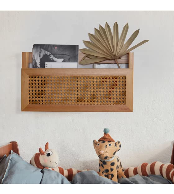 Wall Magazine Rack with PE Rattan Grid,Size 17.3" x 4" x 9.4",File Holder For Entryway,Living Room,Waiting Room,Kids’ room,Office(Retro Brown)