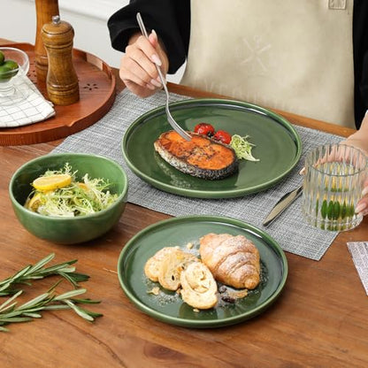 Vicrays Ceramic 12 Pieces Dinnerware Set - Dinner Plates Salad Plates Cereal Bowls Set Service for 4 - Scratch Resistant Microwave Oven Dishwasher Safe - Green - color: Green