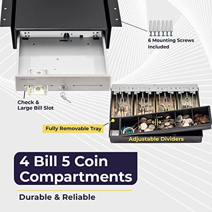 Cash Register Drawer with Under Counter Mounting Bracket - 13" Black Cash Drawer for POS, Stainless Steel Front, 4 Bill 5 Coin, Fully Removable 2 Tier Cash Tray, 12-24V RJ11/RJ12 Key-Lock - color: Black and Stainless Steel, size: 13" - 4 Bill 5 Coin with