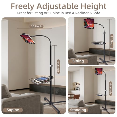 Rolling Tablet Floor Stand with Wheels - Bed Mount for 4.7-13" iPad