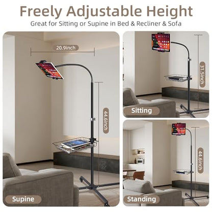 Rolling Tablet Floor Stand with Wheels - Bed Mount for 4.7-13" iPad