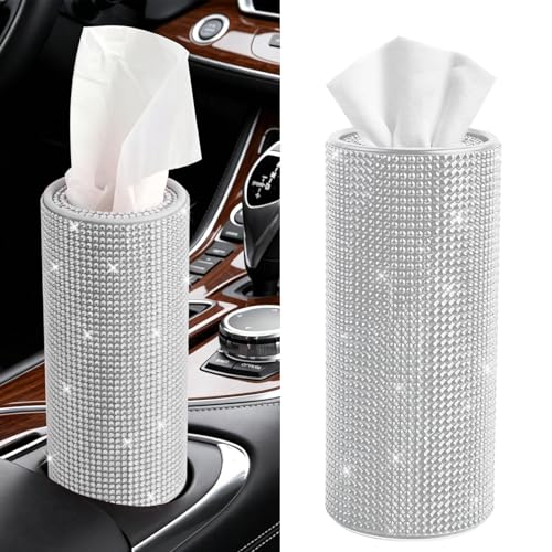 Bling Car Tissue Holder for Cup Holder, Car Organizer, Sparkly Diamond Automotive Interior Tissue Cylinder Storage Box, Cylinder Tissue Dispenser for Cars Decor Universal for Most Cars (White) - color: White