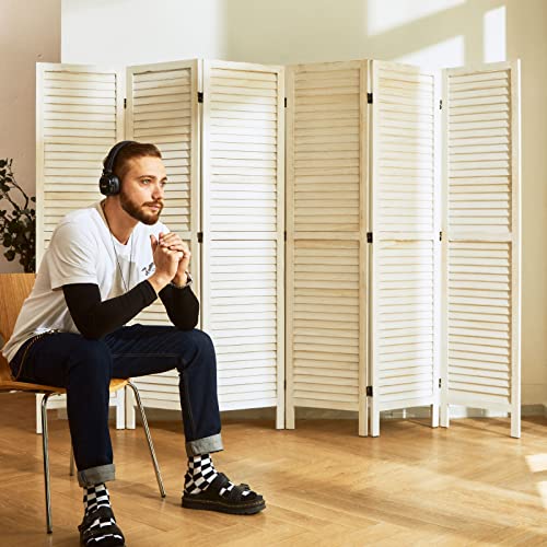 Room Dividers and Folding Privacy Screens, Wood Louvered Separators Divider Wall for Home Office Bedroom - 6 Panels, 67 * 90inch (White-Washed) - color: White - Louvered, size: 6 Panels