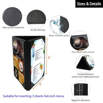 Leather Table Tent Leather Menu Holder Sign Display Black Menu Covers for Cafes Bars or Restaurant for 4×6 Inch Menus 3 sided triangle shape table tent 1 pack - size: 1 pack/ 4" × 6"/3-side