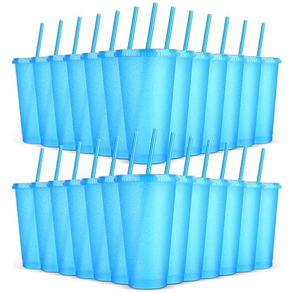 24 Pack Plastic Tumblers with Lids and Straws, Reusable Colorful Cups for Parties, Birthdays, Iced Coffee, Travel, Cold Drink Bulk Tumblers (24 oz, Blue) - color: Blue-24pcs