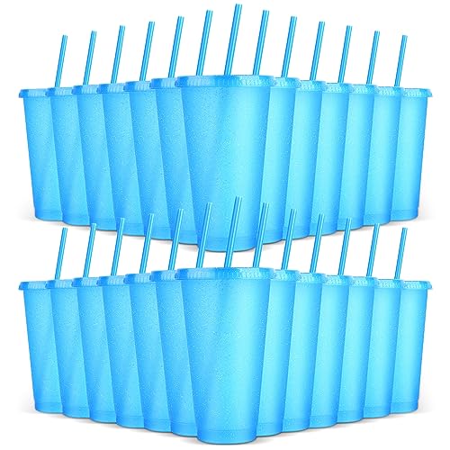 24 Pack Plastic Tumblers with Lids and Straws, Reusable Colorful Cups for Parties, Birthdays, Iced Coffee, Travel, Cold Drink Bulk Tumblers (24 oz, Blue) - color: Blue-24pcs