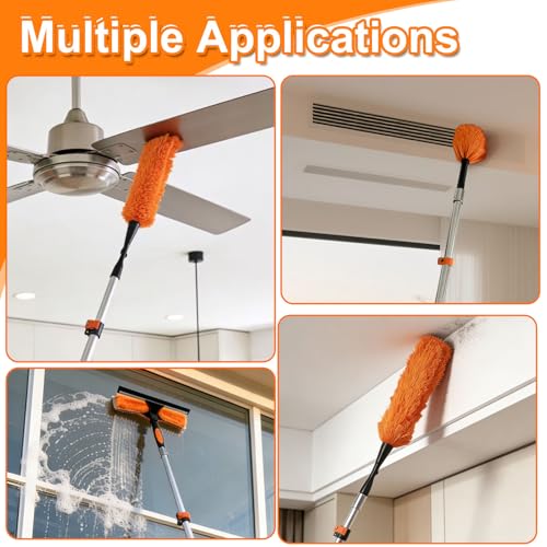 30FT High Reach Duster Kits with Dual Action Flip-Lock & Screw Fixing Design, 5-24FT Extension Pole, Cobweb Duster, Washable Ceiling Fan Cleaner & Window Squeegee for Glass & High Roof - size: 5-24FT