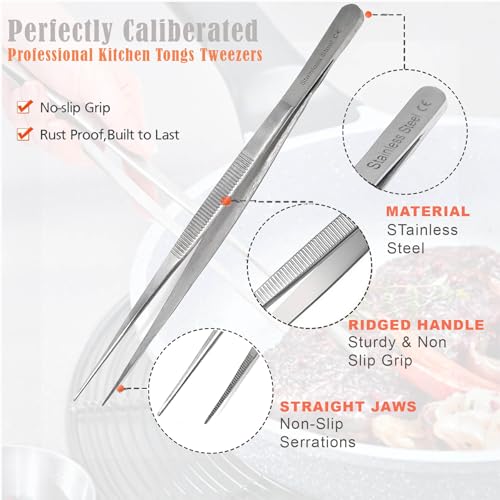 Professional Culinary Stainless Steel Precision Tongs with Serrated Tips, Plating/Food Presentation Detailing Serving Tongs, Chef's Kitchen Tweezer Tongs - Ultra Non-Slip Grip (8" STR Slim) - size: 8" Straight Slim