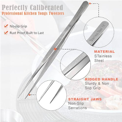 Professional Culinary Stainless Steel Precision Tongs with Serrated Tips, Plating/Food Presentation Detailing Serving Tongs, Chef's Kitchen Tweezer Tongs - Ultra Non-Slip Grip (8" STR Slim) - size: 8" Straight Slim