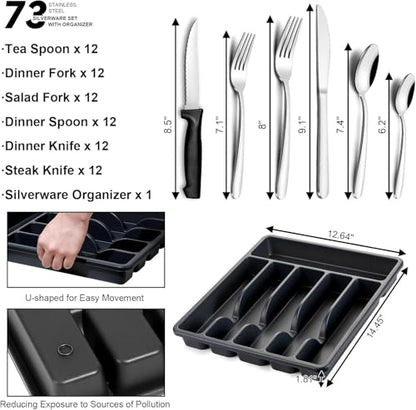 Pleafind 𝟏𝟒% 𝐎𝐅𝐅 73-Piece Silverware Set with Organizer - Heavy Duty Stainless Steel Flatware Set Service for 12, Cutlery Utensil Sets with Steak Knives, Tableware Set for Home Restaurant - size: 73 pieces