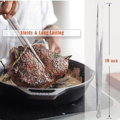 Professional Culinary Stainless Steel Precision Tongs with Serrated Tips, Plating/Food Presentation Detailing Serving Tongs, Chef's Kitchen Tweezer Tongs - Ultra Non-Slip Grip (10" STR Slim) - size: 10" Straight Slim