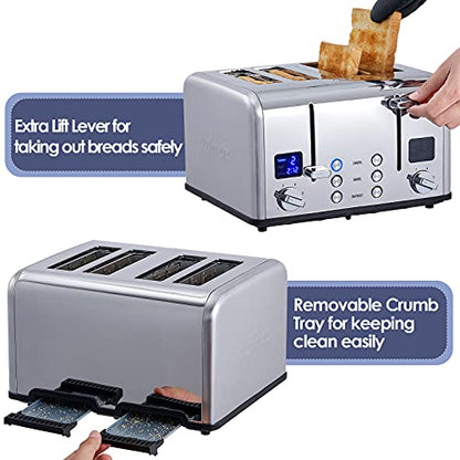 CUSIMAX 4 Slice Stainless Steel Toaster with Digital Display, Silver - color: Silver Stainless Steel, size: 4 Slice