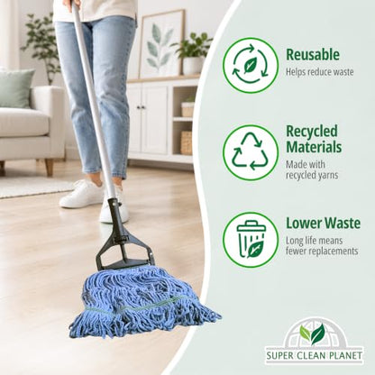 Super Clean Planet Heavy Duty Mop Head Refill (3-Pack) – Industrial Blue Cotton, Looped-End Wet Mop Heads for General, Commercial, Janitorial & Floor Cleaning - size: 3 pk
