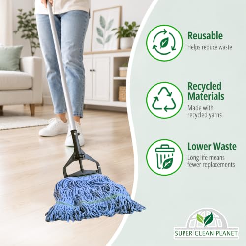 Super Clean Planet Heavy Duty Mop Head Refill (12-Pack) – Industrial Blue Cotton, Looped-End Wet Mop Heads for General, Commercial, Janitorial & Floor Cleaning - size: 12 pk