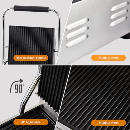 Bonnlo 811 Commercial Sandwich Make, 1800W Stainless Steel Countertop Panini Press Grill with Adjustable Temp 122°F–572°F, For Steak, Burgers, Home & Restaurant Use, 110V, Silver - size: 12"D x 12.2"W x 8"H