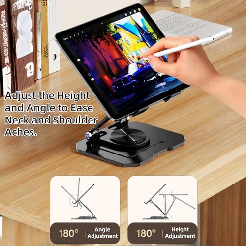 Ultra-Stable 360° Rotatable Metal Tablet Stand, Adjustable Folding Desktop Stand for iPad/iPhone/Switch, Universal Use for Office/Movie/Studying/Drawing/Gaming, Black - color: Soccer Stand - Black