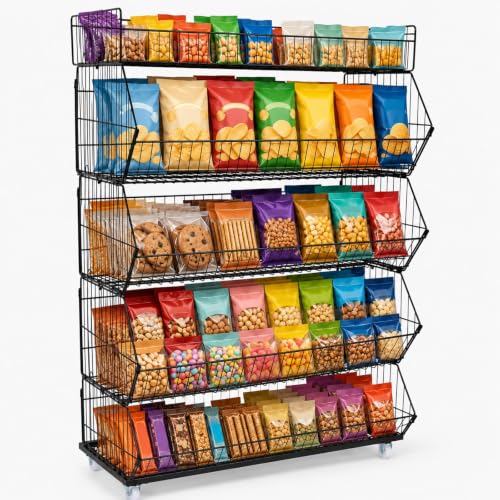 5 Tier Snack Rack Display Stand with Wheels, Rolling Retail Display Rack