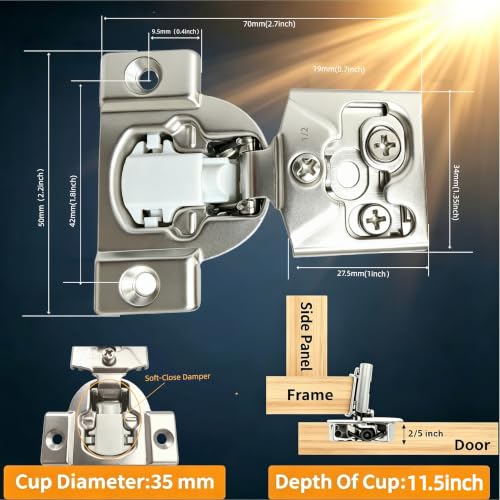Soft‑Close 1/2" Overlay Cabinet Hinges, 105 Degree 3D Adjustable Concealed Hinges, Satin Nickel Finish, for Face Frame Kitchen Cabinet Doors, 2‑Pack (1 Pair) - size: 1/2inch Overlay