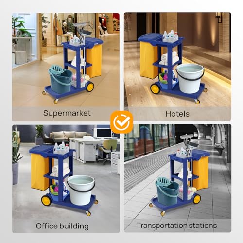 TUFFIOM Commercial Traditional Cleaning 3-Shelf Janitorial Cart, 500 Lbs Capacity Housekeeping Cart, Wheeled with Yellow VinylBag and Cover w Lid, Blue, - color: Blue
